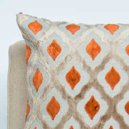 Aphrodite 3D Cut Velvet Cushion. Burnt Orange & Silver Grey. Classic Diamond Trellis Design. 17x17 - thumbnail 2