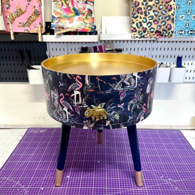 Gold & Navy Blue, Metallic Leaf Leopard Round Bedside Table . Ideal Nightstand Or Side Table, Tropical Flamingo Print - image 1