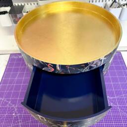 Gold & Navy Blue, Metallic Leaf Leopard Round Bedside Table . Ideal Nightstand Or Side Table, Tropical Flamingo Print - thumbnail 4