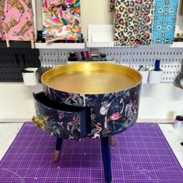 Gold & Navy Blue, Metallic Leaf Leopard Round Bedside Table . Ideal Nightstand Or Side Table, Tropical Flamingo Print - thumbnail 3