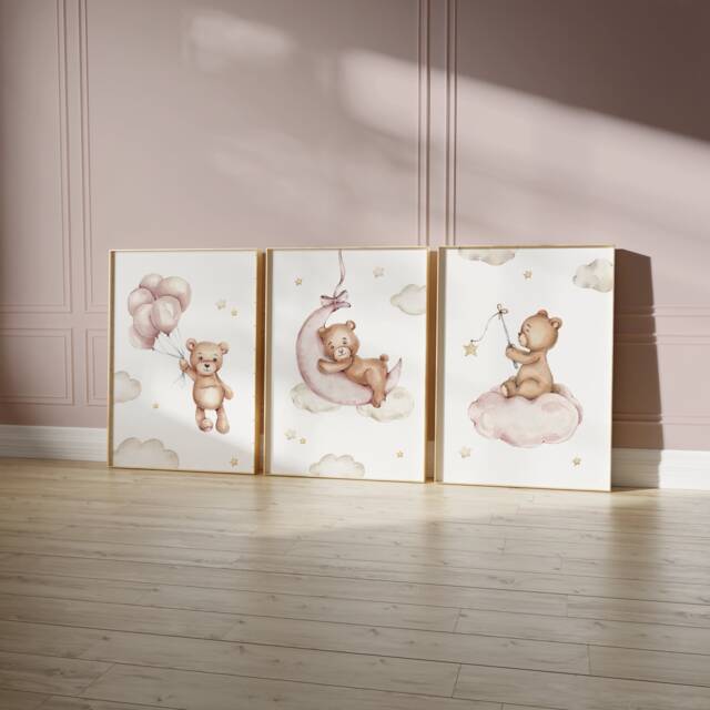 Teddy Bear Nursery Wall Art, Nursery Prints, Bear Decor, Beige Nursery, Stars Cloud Moon, Set Of 3 - image 1