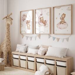Teddy Bear Nursery Wall Art, Nursery Prints, Bear Decor, Beige Nursery, Stars Cloud Moon, Set Of 3 - thumbnail 2