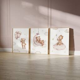 Teddy Bear Nursery Wall Art, Nursery Prints, Bear Decor, Beige Nursery, Stars Cloud Moon, Set Of 3 - thumbnail 1
