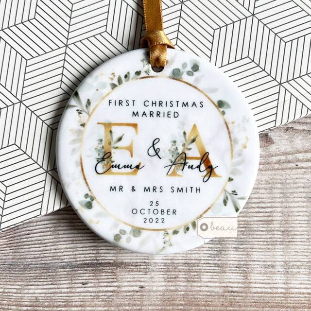 Personalised First Christmas Married Mr Mrs Wedding Gift Newlywed Botanical Greenery Design Ceramic Or Acrylic Round Ornament Keepsake