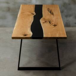 Custom Live Edge Table Made Of Oak, Black Epoxy Table, Resin River With Steel Leg, Wooden Dining For Modern Interior - thumbnail 2