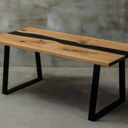 Custom Live Edge Table Made Of Oak, Black Epoxy Table, Resin River With Steel Leg, Wooden Dining For Modern Interior - thumbnail 3