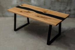 Custom Live Edge Table Made Of Oak, Black Epoxy Table, Resin River With Steel Leg, Wooden Dining For Modern Interior