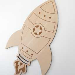 Wooden Rocket Ship Wall Decoration - Space Theme Children's Art Accessory Scandi Boho Nursery Decor - thumbnail 2