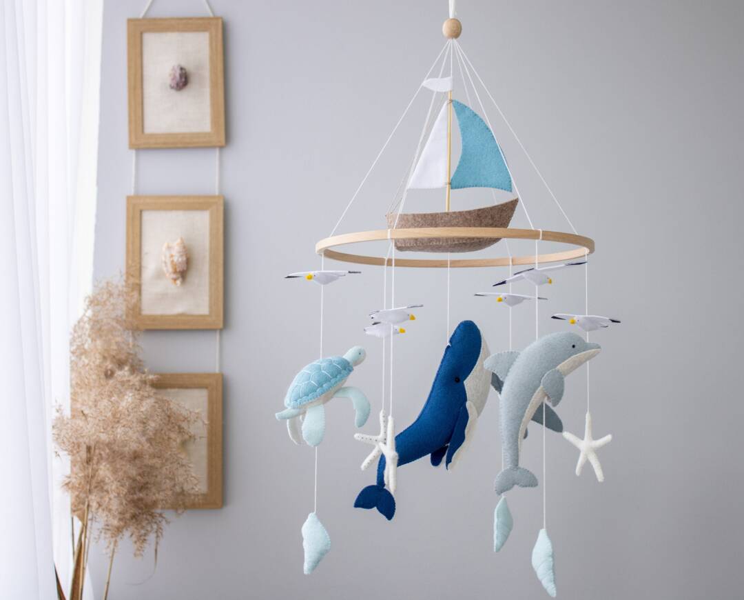Ocean Nursery Baby Mobile, Sailboat Decor, Blue Whale Boy Sea Life