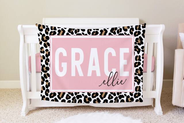 Leopard Personalized Baby Name Blanket Gift Custom Coming Home Shower Toddler Birthday - image 1