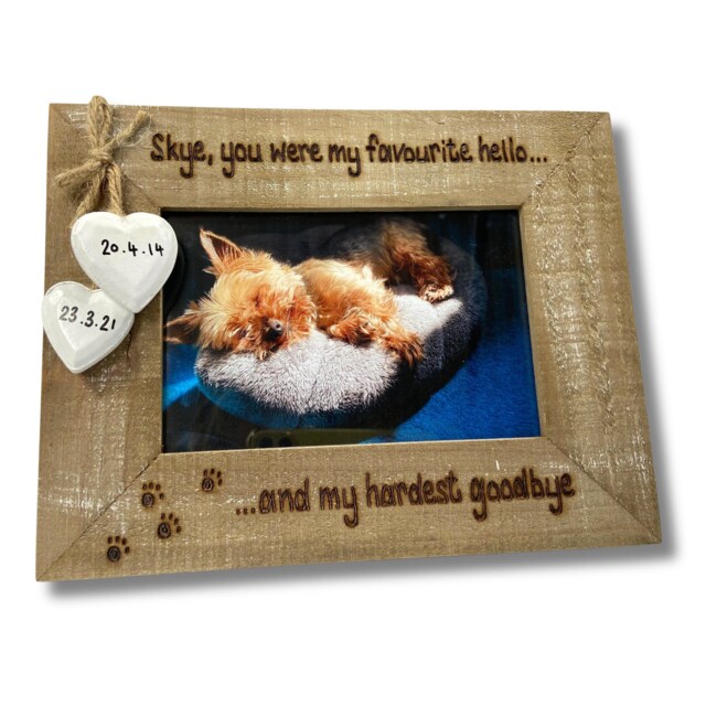 Favourite Hello & Hardest Goodbye Dog Cat Photo Frame - Personalised Memorial/Loss/In Memory Driftwood Style Holds 6x4 - image 1