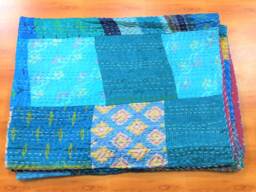 Handmade Patchwork Patola Silk Kantha Quilt, Queen Size Bedspread