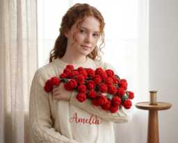 Personalized Knitted Rose Bouquet Blanket, Rose Break Blanket With Name, Handmade Crochet Blanket, Gifts For Mom, Birthday/Wedding Gift - thumbnail 1