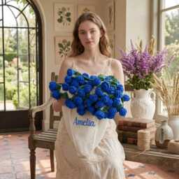 Personalized Knitted Rose Bouquet Blanket, Rose Break Blanket With Name, Handmade Crochet Blanket, Gifts For Mom, Birthday/Wedding Gift - thumbnail 2