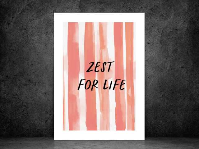 Zest For Life - Wall Print Abstract Coral Stripes Watercolour Quote Gift Idea Bespoke Poster A5 A4 A3 Framed Or Unframed - image 1