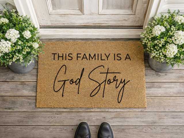 God Story Family Doormat - Religious Home Rug Faith Housewarming Gift - image 1