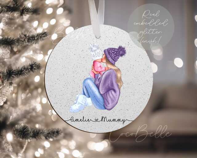 Personalised Mother & Child Bauble Real Glitter Baby Christmas Clip Art Name Daughter Gift Single New Mum Mom Auntie Sister - image 1