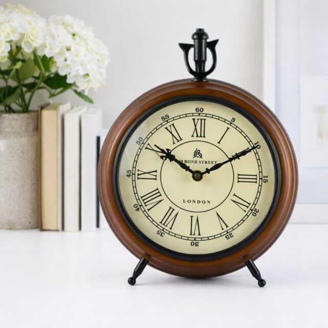 Vintage Wooden Table Clock With Roman Numerals - Antique Style London Desk Rustic Farmhouse Home Decor Classic Mantel - image 1