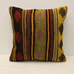 Handmade Wool Kilim Pillow Cover, Bohemian Cushion - 20x20 In - thumbnail 1