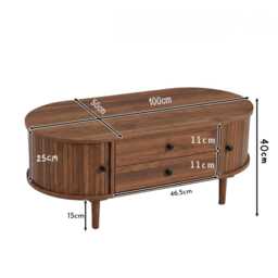 Retro Oval Coffee Table, Sliding Doors, 2 Drawers, Wooden Legs, Living Room Storage Table - thumbnail 4