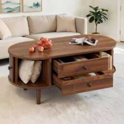 Retro Oval Coffee Table, Sliding Doors, 2 Drawers, Wooden Legs, Living Room Storage Table - thumbnail 3