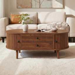 Retro Oval Coffee Table, Sliding Doors, 2 Drawers, Wooden Legs, Living Room Storage Table - thumbnail 2