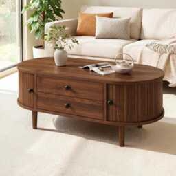 Retro Oval Coffee Table, Sliding Doors, 2 Drawers, Wooden Legs, Living Room Storage Table - thumbnail 1