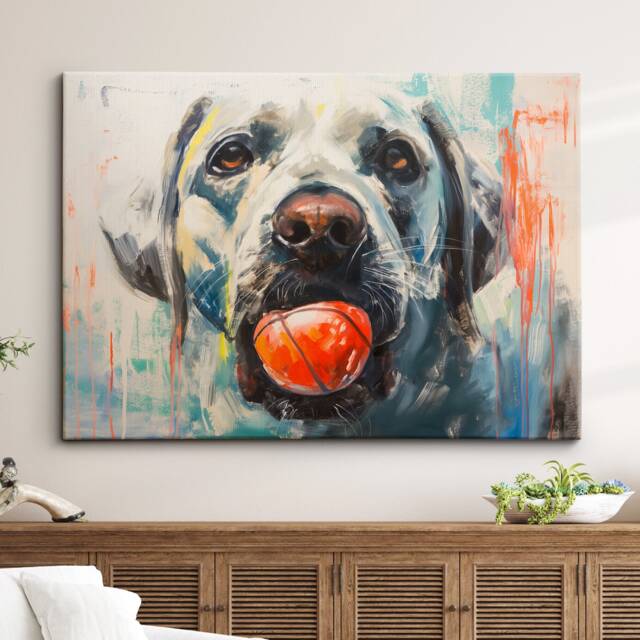 Labrador Retriever With Chew Ball Dog Pet Art Oil Painting Framed Poster Print & Canvas Wall Living Home Decor Interior Gift - image 1
