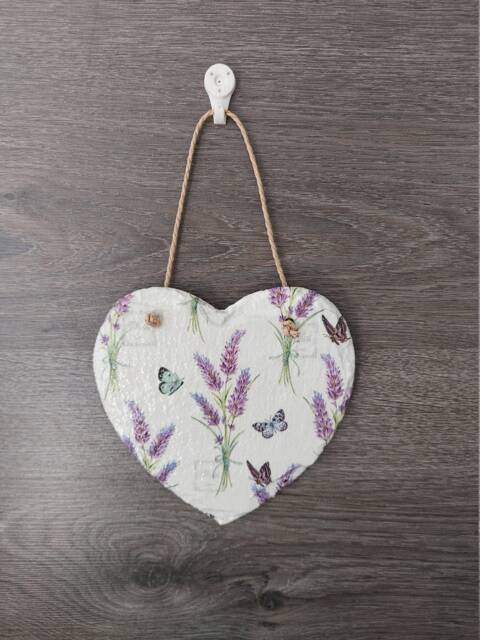 Lavender Butterfly Heart Slate Plaque Handmade Wall Hanging - 15cm - image 1