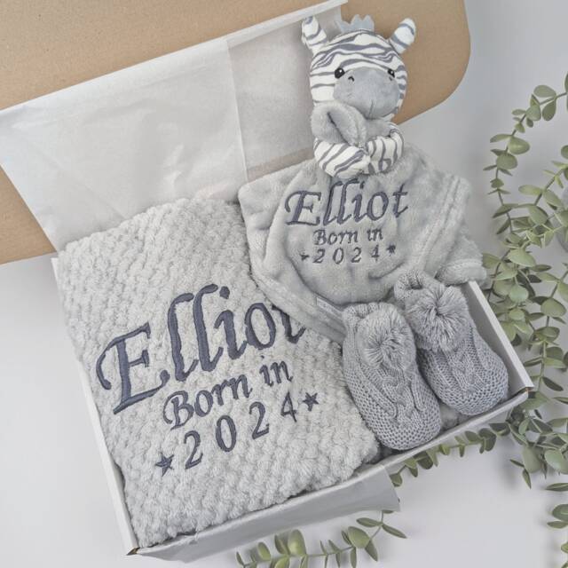 Embroidered Zebra Comforter Blanket Gift Set - Baby Shower Booties Newborn Girl Boy - image 1