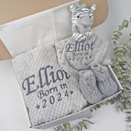 Embroidered Zebra Comforter Blanket Gift Set - Baby Shower Booties Newborn Girl Boy - thumbnail 1