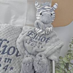 Embroidered Zebra Comforter Blanket Gift Set - Baby Shower Booties Newborn Girl Boy - thumbnail 2