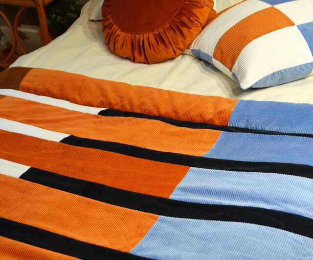 Bed Throw 100x220cm - Handmade in France Corduroy Patchwork - image 1