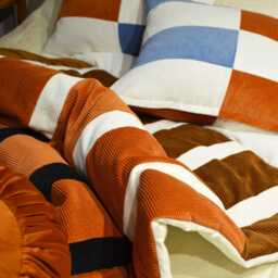 Bed Throw 100x220cm - Handmade in France Corduroy Patchwork - thumbnail 3