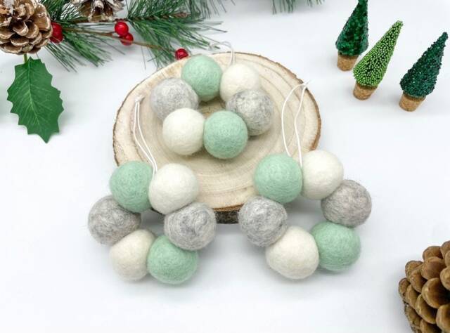 Felt Ball Bauble, Mini Christmas Tree Wreath, Pom Decorations, Nordic Hanging Ornament, Grey & Mint Bauble - image 1