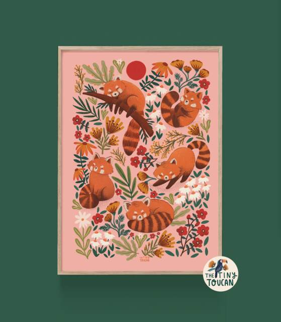Red Pandas A4 Fine Art Print - Kawaii, Floral, Country Decor Interior Decor - Sustainable Gifting - image 1