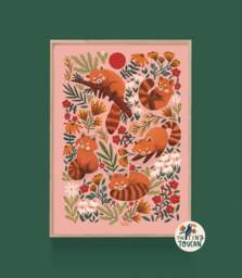 Red Pandas A4 Fine Art Print - Kawaii, Floral, Country Decor Interior Decor - Sustainable Gifting - thumbnail 1