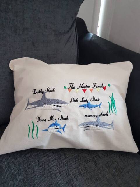 Embroidered Personalised Shark Family Cushion