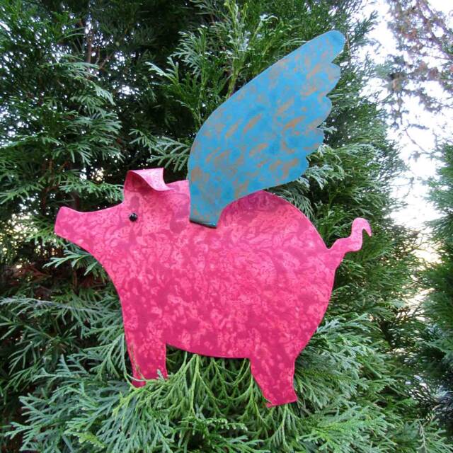 Flying Pig Christmas Tree Topper Hand-Cut Metal Art - image 1