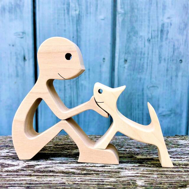 A Man Sitting With A Cat Original Wood Sculpture 2.5D