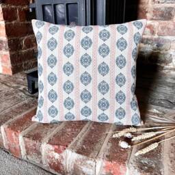 1364. Camilla Indigo/ Coral Linen Look 100% Cotton Cushion Cover