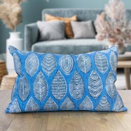 Indira Leaf Print Xl Rectangular Cushion. Denim Blue Indonesian Inspired Block-Print Botanical Design. Eco-Friendly Cotton. 23X15