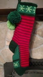 Hand Knit Christmas Stocking Red Green Elf Stripe Snowflake Detail By Santa's Works