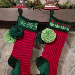 Hand Knit Christmas Stocking Red Green Elf Stripe Snowflake Detail By Santa's Works - thumbnail 3