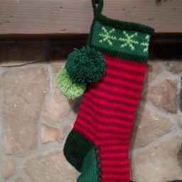 Hand Knit Christmas Stocking Red Green Elf Stripe Snowflake Detail By Santa's Works - thumbnail 2