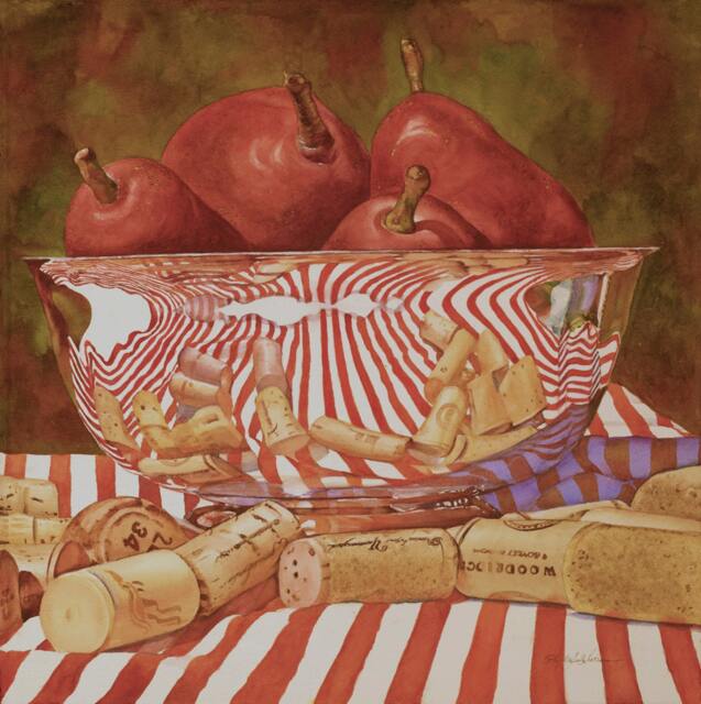 Pears N Corks Fruit Pears Watercolor Giclee Art Print, 12/12, Handmade, Reflections, Reds, Silver Bowl, Still Life