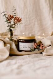 Fresh Mint & Rhubarb Luxury Amber Glass Candle. Soy Wax, Handmade, Vegan, Eco Friendly