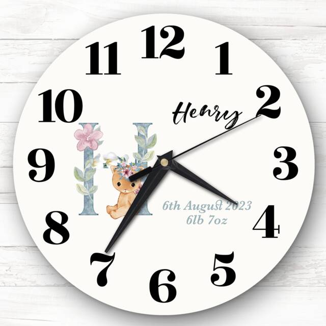 Baby Floral Watercolour Animal Alphabet Letter H Gift Personalised Clock - image 1