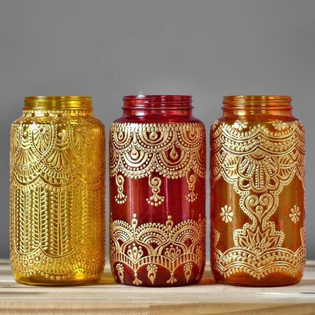 Hand Painted Henna Mason Jar Lantern, Bohemian Decor - image 1