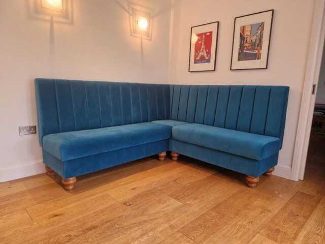 Fluted Back Turquoise Blue Velvet Kitchen + Commercial Corner Booth Bench Seating Available in Any Colour Or Fabric Bespoke Made To Measure - image 1